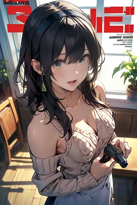 (small breasts:1.2), (perky chest:1.1), (pointed chest:1.0), (hand gun magazine cover:1.3)，(from above:1.2),(from side:0.9),masterpiece, 1girl, Amazing Cleavage:1.1, thin waist, big ass, Raised sexy, small breast: 1.2, posed cleavage:1.2、solo, open mouth, ...