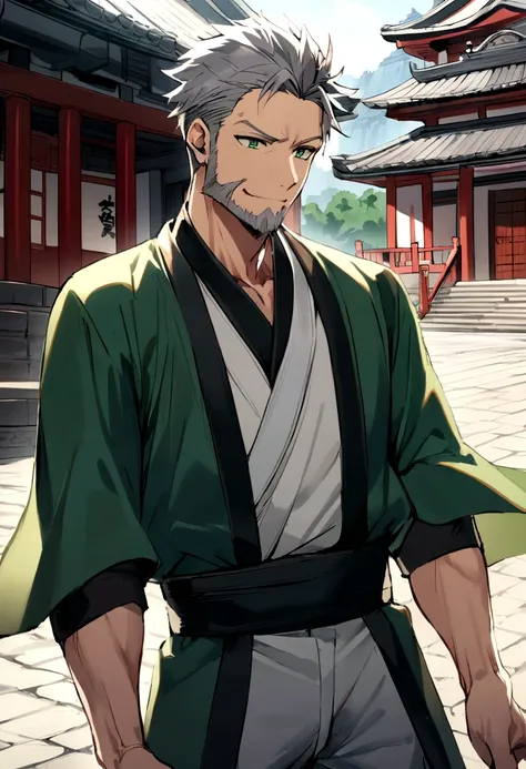 1male , Messy gray hair , trimmed hair , Green and black haori  , combat clothing , green eyes ,happy expression , barba , perfect generation  , adult male , muscular , temple background , standing on the road