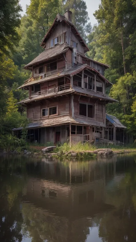 a detailed abandoned house by a lake, serene lake, (8k wallpaper of an extremely detailed CG environment), most beautiful artwork in the world, majestic professional oil painting, intricate, high detail, sharp focus, dramatic photorealistic painting art