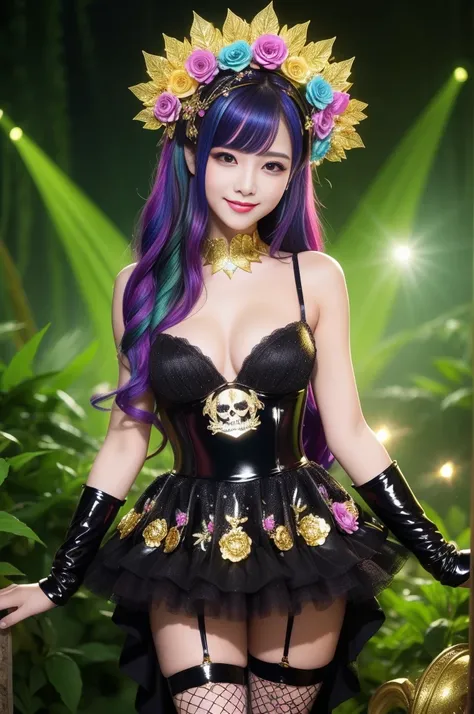 sexy golden princess who controls poison、beautiful smile、lipgloss、long lashes、intense makeup、look at the camera、full body Esbian、、sparkling poisoned flower costume、、、、shiny sparkling multicolor hair、secrete poison、skull hair accessories、fishnet tights、shin...