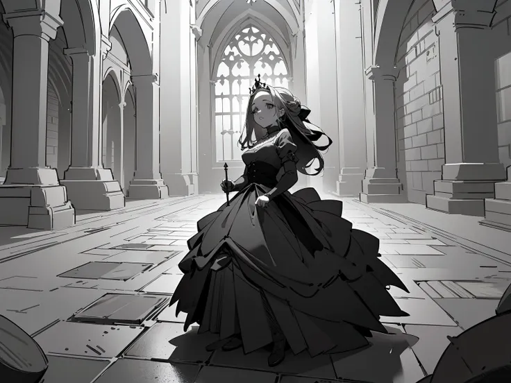 (best quality:1.2),(4k,8k,highres,masterpiece:1.2)sketch art,princess,monochrome,(cobblestone,medieval,prison,gothic architecture)