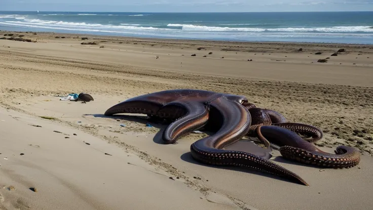 a scene, apparently taken from an old camera, from a distance not too close, ultra realisitic, where it shows a giant realistic octopus dead and stranded on a beach, hundreds of curious people surround him.
