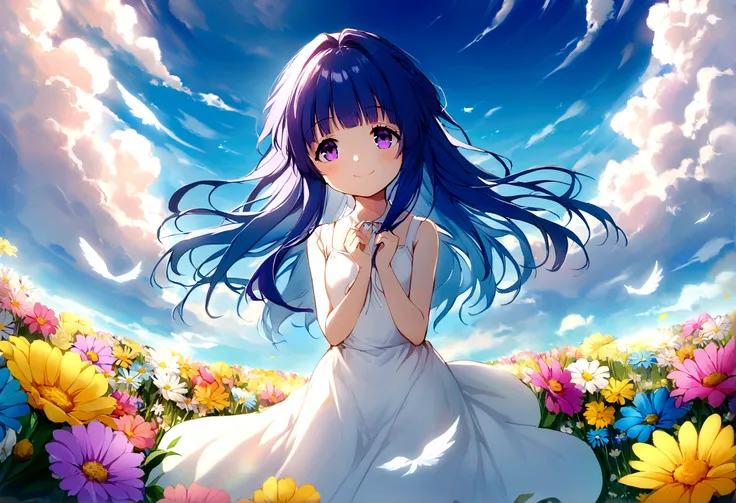 (furude rika), blue hair, purple eyes, 1 girl, alone, (angel), flower field, colorful flowers, soft light, spring breeze, smile,...