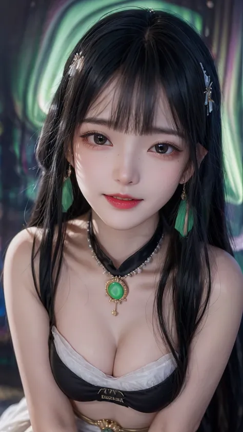 1 Beautiful girl in ancient costume, ((Pink and light white clothing: 0.8)), Long silky black hair, Hair accessories and necklaces, Beautiful little face Thin eyebrows, The most beautiful，Spotless face, verybeautifuleyes, Big round black eyes, Delicate and...