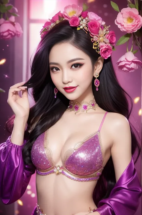 sexy Thai model who controls poison、beautiful smile、lipgloss、bold lipstick、intense makeup、look at the camera、full body Esbian、、sparkling poisoned flower costume、、、、sparkling Colorful hair、secrete poison、skull hair accessories、sexy tights、shiny sparkling fl...