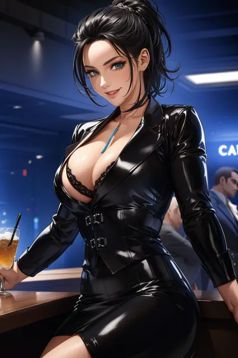 sitting at the bar in a nightclub、Portrait of Elexi Sinclair wearing an S jacket, Wicked Smile, (masterpiece) (Highest quality) (detailed) (8K) (High resolution) (wallpaper) (Cinema Lighting) (Sharp focus) (Complex)