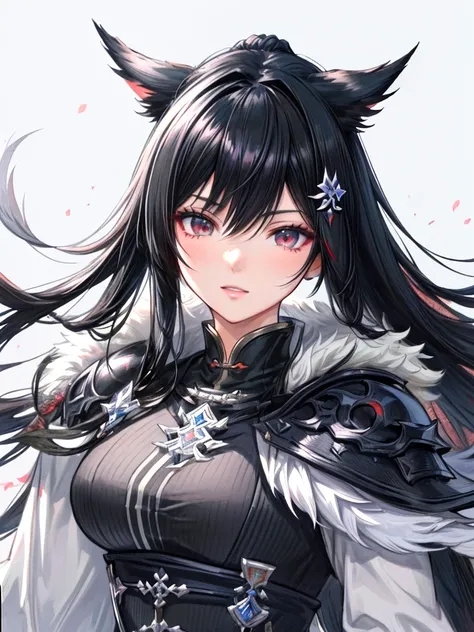 anime character with black hair and a black and white outfit, final fantasy style 14, final fantasy 14 sharp, black hime cropped fur, ffxiv, with monster hunter armor, Final Fantasy 1 4, Final Fantasy XIV, character closeup, character close up, black fire ...