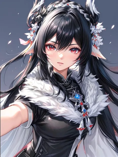 anime character with black hair and a black and white outfit, final fantasy style 14, final fantasy 14 sharp, black hime cropped fur, ffxiv, with monster hunter armor, Final Fantasy 1 4, Final Fantasy XIV, character closeup, character close up, black fire ...