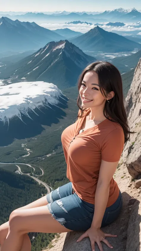 A smiling, passionate woman looking at a mountain 