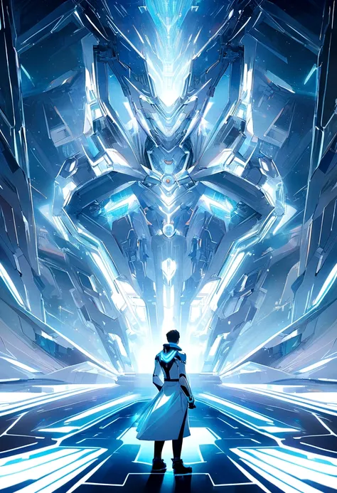 Generate an image similar to Disneys Tron, but with light only with the color white, a futuristic image that represents technology, that has a male character, I want a clean and minimalist image