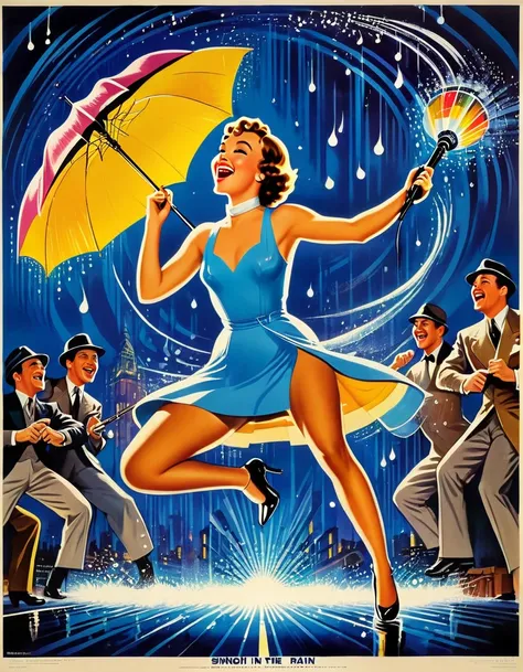 An image of a vibrant vintage movie poster for "Singin in the Rain," capturing the joy and energy of the musical with a colorful and lively composition, detailed, realistic, HD, trending on ArtStation, in the style of Al Hirschfeld, Jack Davis, and Jean Ma...