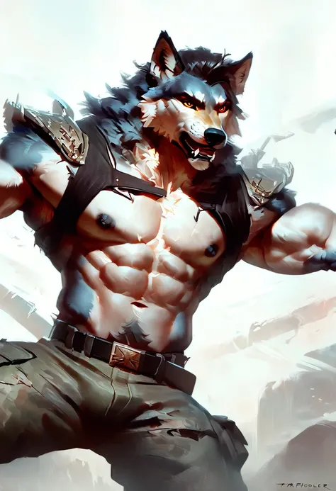 Anthro wolf male warrior, concept art, solo, strong eyes, military pants, hi res, masterpiece, absurd res, 2023, extreme detail, abs, pecs, dark nipples, torn military shirt, by taran fiddler, fighting pose, hair