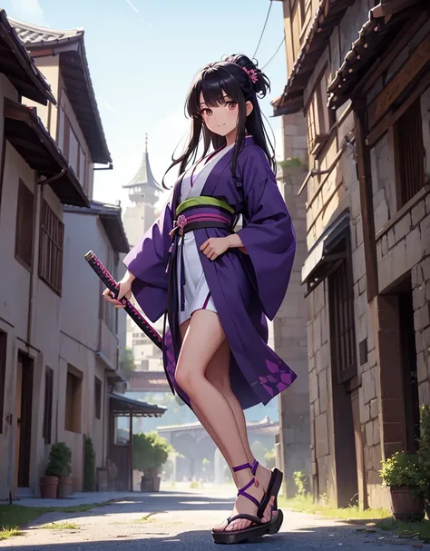 Young girl with black hair, brown eyes and olive skin, innocent and happy, wearing neon purple samurai kimono and sandals, weilding katana, fullbody, medieval castle background, athletic