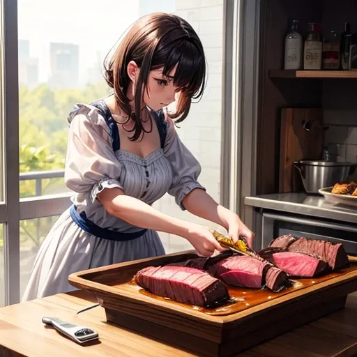 A woman in a dress cutting roast beef