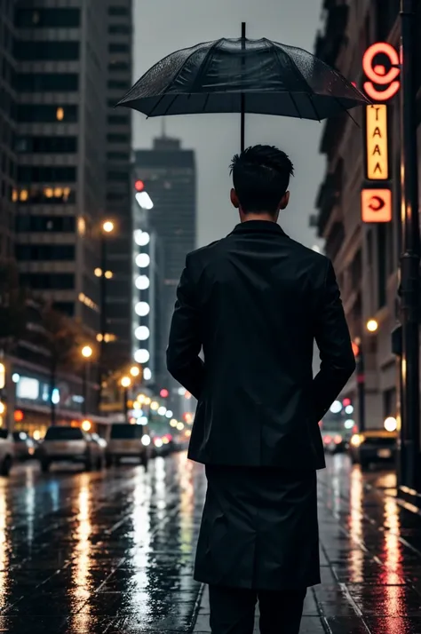 Boy with his back turned on a rainy night in the middle of the city 
