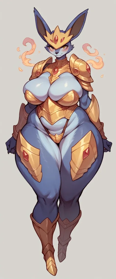 Furry character with ultra large breasts, full body, wide hips, milf woman, very big fat body, fantasy, breasts the size of her body, pokemon character, yellow and purple in fantasy armour 