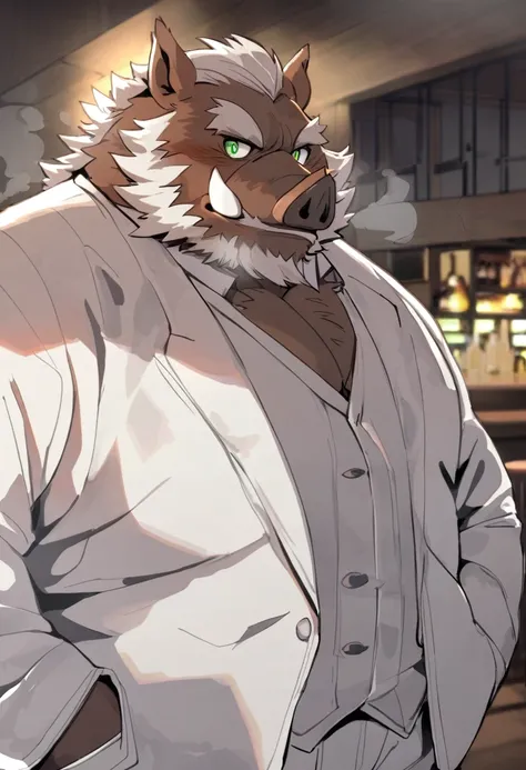 Wild Boar，personification，Mature male，Bad Uncle，Sarcastic expression，Green pupils，White eyebrows，White suit suit，Hands in pockets，The Age of Steam，bar。