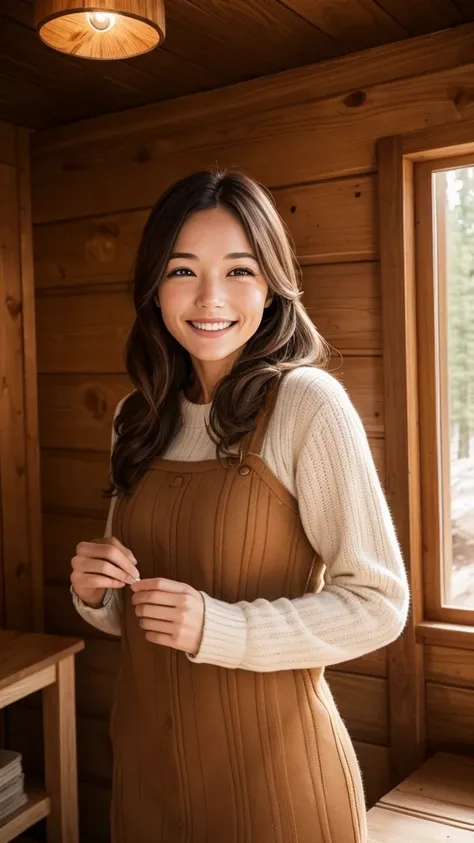 A smiling and passionate woman in a wooden cabin 