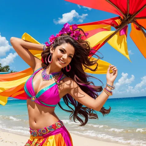 Create a vibrant and colorful image for the cover of the single "Ritmo de la Noche" by the Latin singer Valentina. The image should feature Valentina in a festive and tropical setting, reflecting the energy and passion of her music.

Setting: A beach at su...