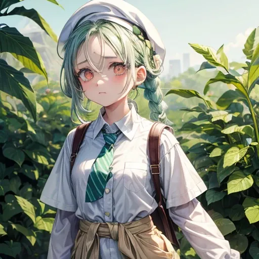 One girl, (Sagging under the eyes:1.5), Mint green hair, twin_Braiding, White Beret, White shirt, Floral tie　Making jam