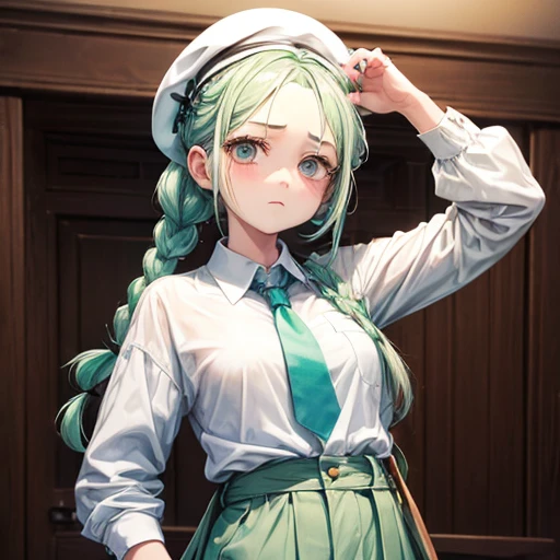 One girl, (Sagging under the eyes:1.5), Mint green hair, twin_Braiding, White Beret, White shirt, Floral tie　Making jam