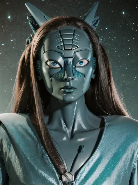 sci-fi character, a humanoid extraterrestrial, with porous blue-gray skin, small emerald green eyes, no nose, a half-triangular face and long hair