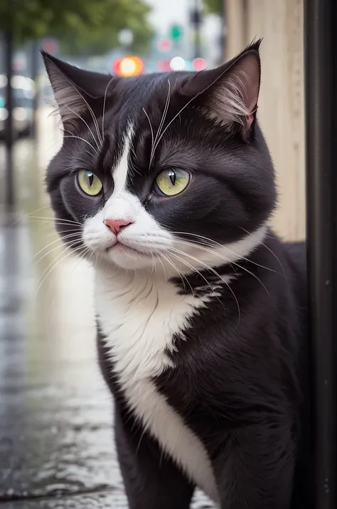 (best realistic quality) sad cat (detailded) sad eyes (detailded) Street (muito detailded) rain pouring down)