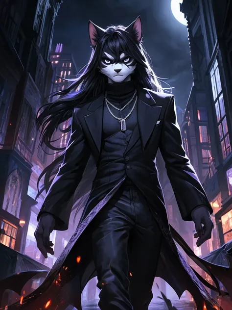 Ross Tran, ruan jia, trending on artstation, Male, (Male anthro cat:1.3), (Black fur with white fur patterns:1.1), (walking towards viewer:1.3), (Foggy night city:1.23), (Blank expression:1.3), detailed eyes, black nose, (detailed eyes), (sharp white eyes)...