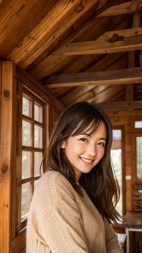 A smiling and passionate woman in a wooden cabin 