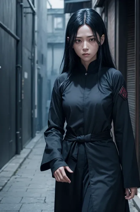 Jujutsu kaisen scene of a female witch black long hair and black eyes. She Is wearing jujutsu kaisen dark blue uniform, And it has a more village feel, she has an inexplicable beauty