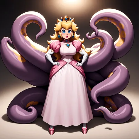 princess peach, ninomae tentacles, gigantic muscular body, big breasts, 4 arms, full body.