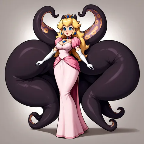 princess peach, ninomae tentacles, gigantic muscular body, big breasts, 4 arms, full body.