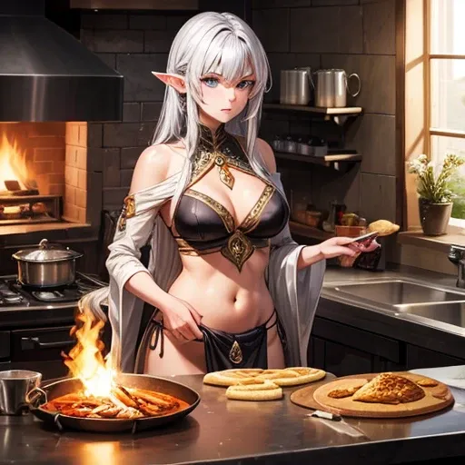 A silver-haired dark elf woman, Making naan.　Showing your belly button　Indian traditional clothing　Tandoori kettle　