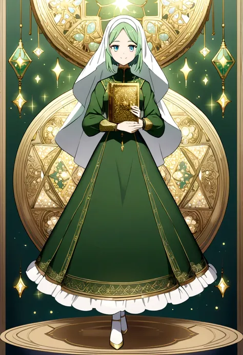 2D anime style art of a girl, adult girl, full body, wearing green hijab green gamis dress, hair covered completely with the inside of a white hijab, holding a Koran with an intricate gold design, light smile against a adjusted background of pastel stars a...