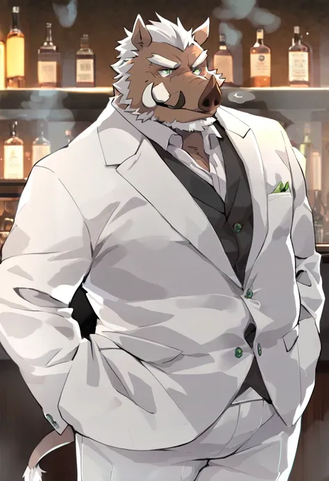 Wild Boar，personification，Mature male，Bad Uncle，Sarcastic expression，Green pupils，White eyebrows，White suit suit，Hands in pockets，The Age of Steam，bar。