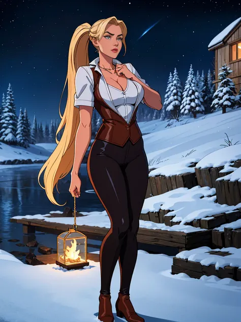 ((Full body photo, standing, )) A self-portrait sketch of One ultra hot gorgeous European women, age 23, blonde hair with a ponytail wearing a brown leather vest and a silver necklace. She’s a playmate, men magazine model.slim body.
Outside In a snowy vill...