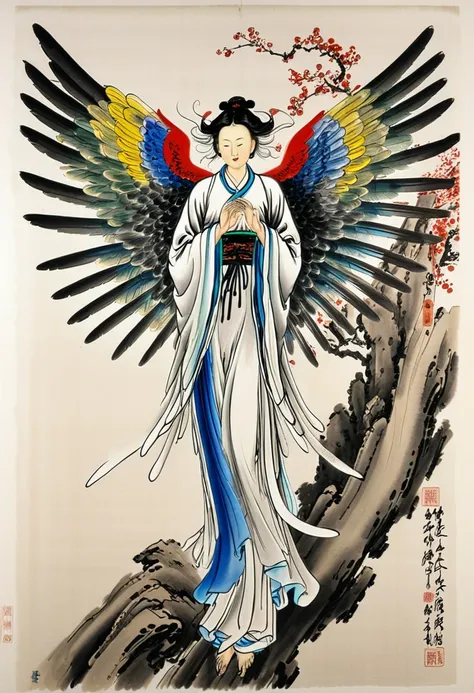 angel, wings, full body, by Qi Baishi and Chen Longque and Chen Dingbo, best quality, masterpiece, very aesthetic, perfect composition, intricate details, ultra-detailed, vibrant colors