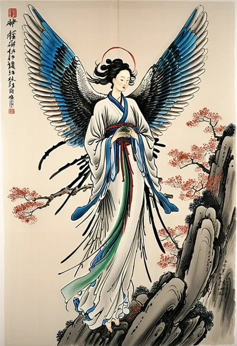 angel, wings, full body, by Qi Baishi and Chen Longque and Chen Dingbo, best quality, masterpiece, very aesthetic, perfect composition, intricate details, ultra-detailed, vibrant colors