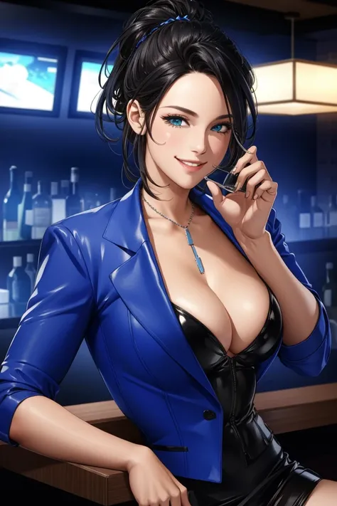 sitting at the bar in a nightclub、Portrait of Elexi Sinclair wearing an S jacket, Wicked Smile, (masterpiece) (Highest quality) (detailed) (8K) (High resolution) (wallpaper) (Cinema Lighting) (Sharp focus) (Complex)