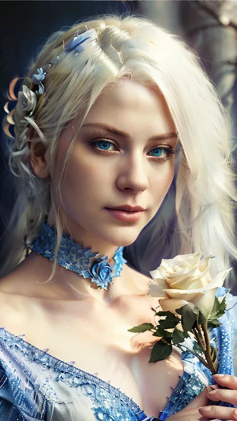 blond woman with white hair and blue eyes holding a rose, digital fantasy portrait, detailed matte fantasy portrait, fantasy art portrait, fantasy portrait, fantasy character portrait, fantasy portrait art, stunning digital illustration, realistic fantasy ...