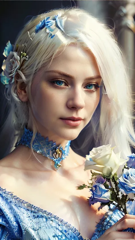 blond woman with white hair and blue eyes holding a rose, digital fantasy portrait, detailed matte fantasy portrait, fantasy art portrait, fantasy portrait, fantasy character portrait, fantasy portrait art, stunning digital illustration, realistic fantasy ...