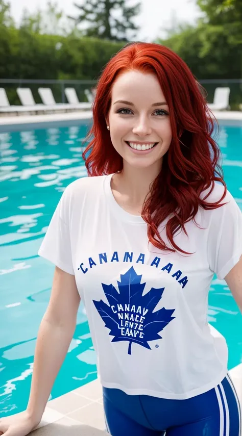 Canadian woman, 27 years old, wet red hair, wearing a soggy white t-shirt with the Toronto Maple Leafs logo and blue leggings, smiling, (((realisitic))), inside a swimming pool, hair wet, wetclothes, rainy daytime, Wet Texture T-Shirt