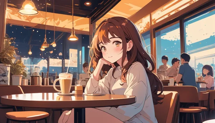 Sexy woman in a cafe、, Wide-angle lens, Lofi Anime, Lofi illustration, Aesthetic atmosphere, Lo-Fi Style, Vector art, Flat Design, Simple shape, Warm tones, Pleasant atmosphere, Chill, In anime style, Digital drawing, Vector art, Vector logo for t-shirt pr...