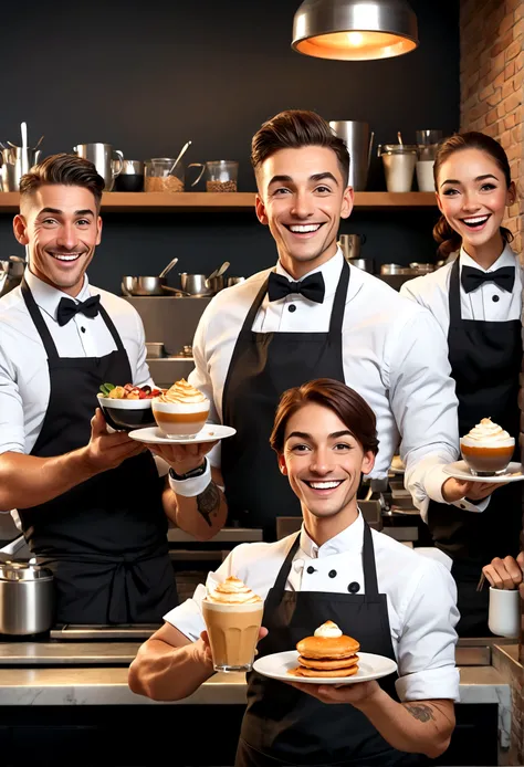 Create art in a single image containing a happy waiter in animation form, a happy cook, a happy barista, a happy financial manager, a happy HR professional and a T professional.I happy