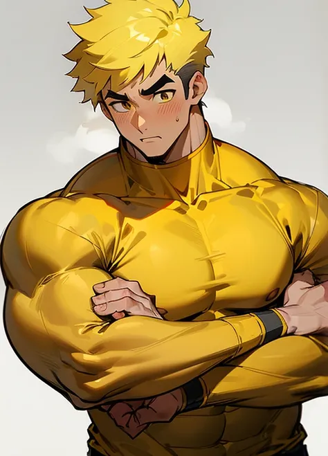 anime characters：Gyee, Priapuuscle, 1 muscular tough guy, Manliness, male focus, Light yellow high collar long sleeve tight T-shirt, Very tight, The pectoral muscles are oversized, Slightly transparent, muscular male, muscular, only, Upper body, alone, Bla...