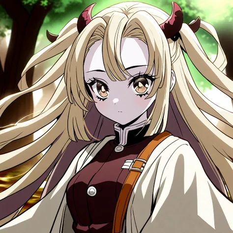 A girl is in the anime style of Kimetsu no Yaiba with pale skin, brown eyes and long ash yellow hair. She has her demon hunter uniform with a pink haori and has a uniform neckline and a skirt.