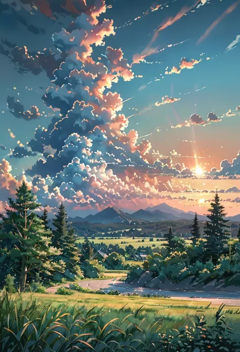 ((((makoto shinkai)))),summer countryside, midsummer, iridescent clouds and trees, sunset, high brightness, high saturation, hig...