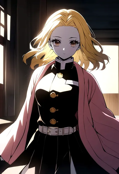 A girl is in the anime style of Kimetsu no Yaiba with pale skin, brown eyes and long ash yellow hair. She has her demon hunter uniform with a pink haori and has a uniform neckline and a skirt.