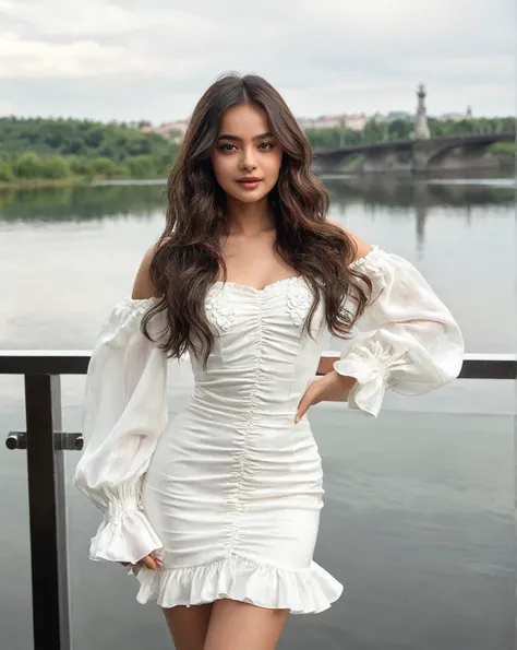 Araffe woman in a white dress posing for a photo., Style of Julia Razumova, isabela moner, wearing a flowy white dress, a beautiful woman dressed in white, inspired by Nina Petrovna Valetova, with a long white dress, Alina Ivánchenko, wearing a stunning iv...