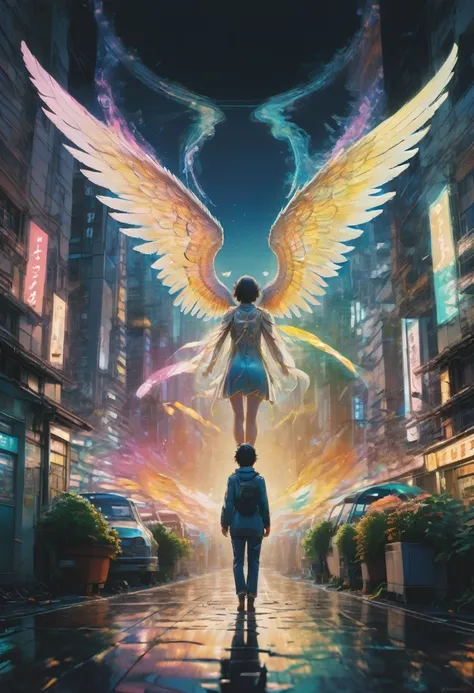 angel, wings, full body, by Makoto Shinkai and Makoto Niitsu, best quality, masterpiece, very aesthetic, perfect composition, intricate details, ultra-detailed, vibrant colors